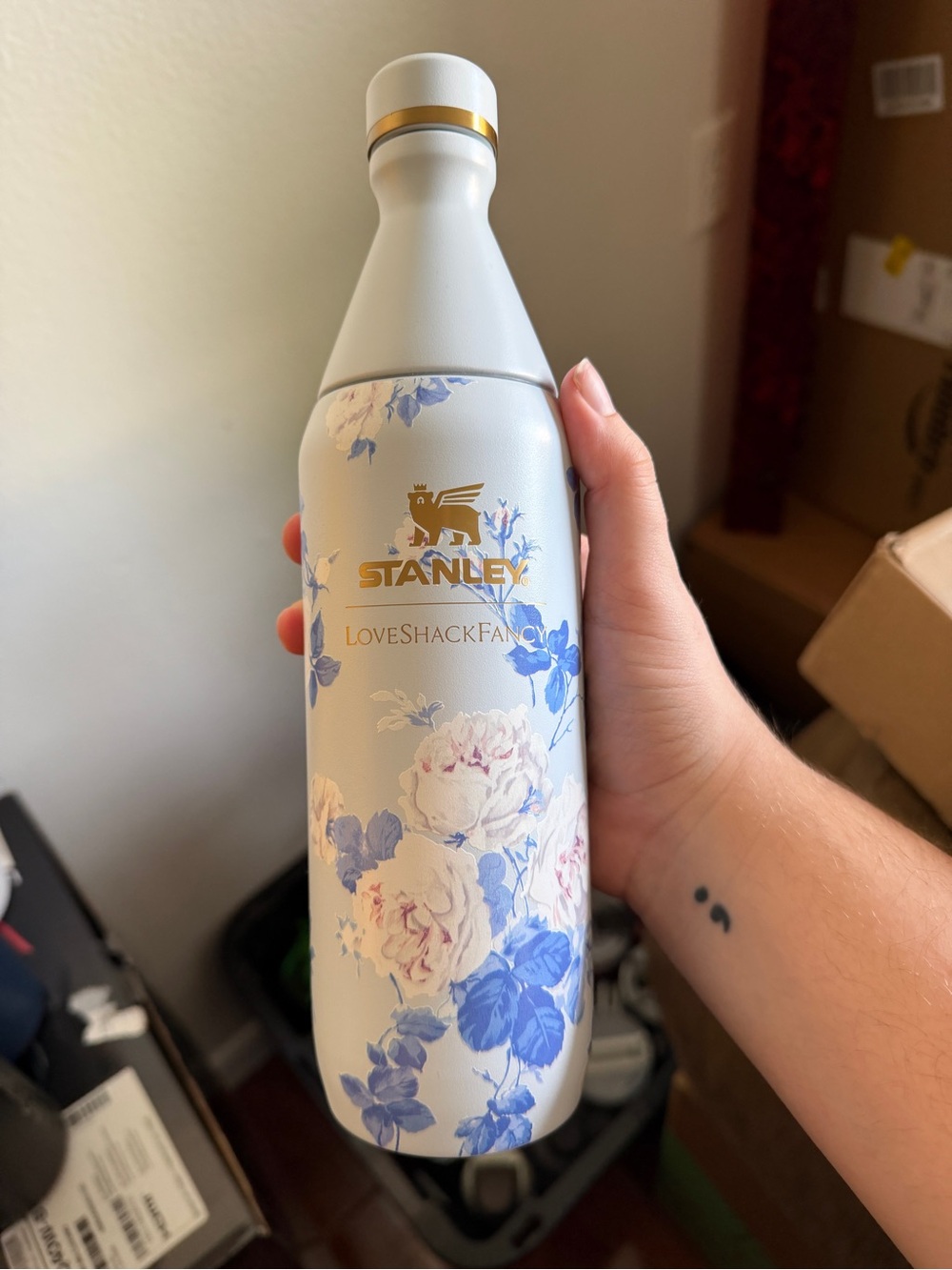 Stanley White Bottle with Blue Floral Design